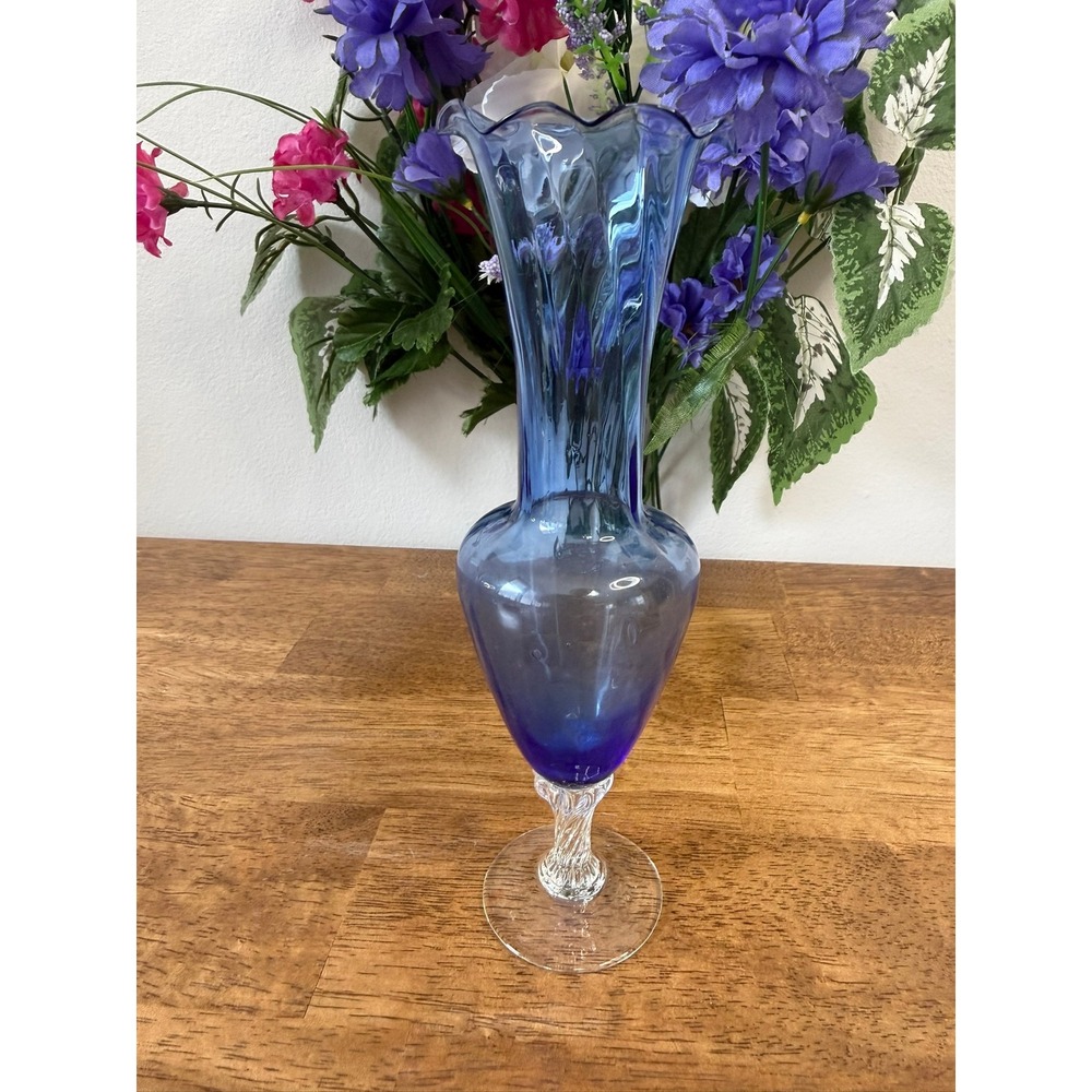 Vintage Cobalt Blue Glass Bud Vase Ruffled Rim‎ Twisted Stem